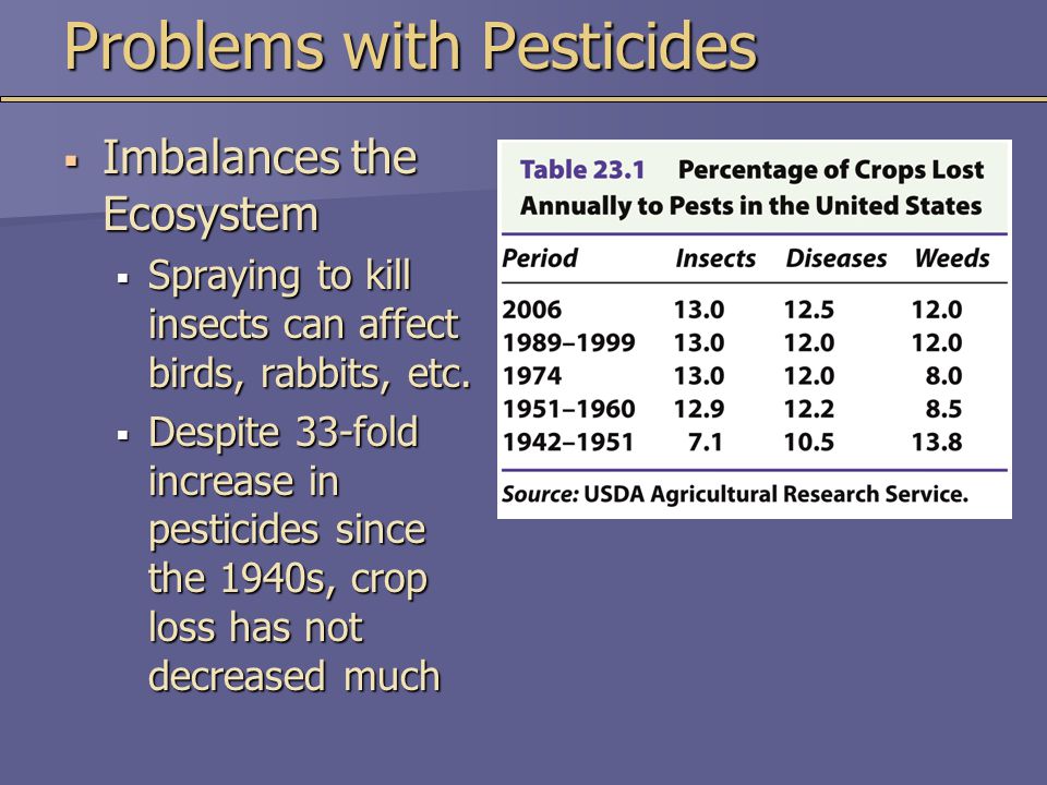Problems with Pesticides  Imbalances the Ecosystem  Spraying to kill insects can affect birds, rabbits, etc.