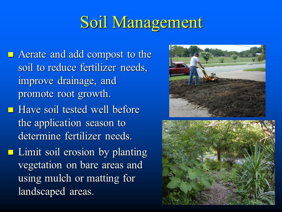 Soil Management Aerate and add compost to the soil to reduce fertilizer needs, improve drainage, and promote root growth.