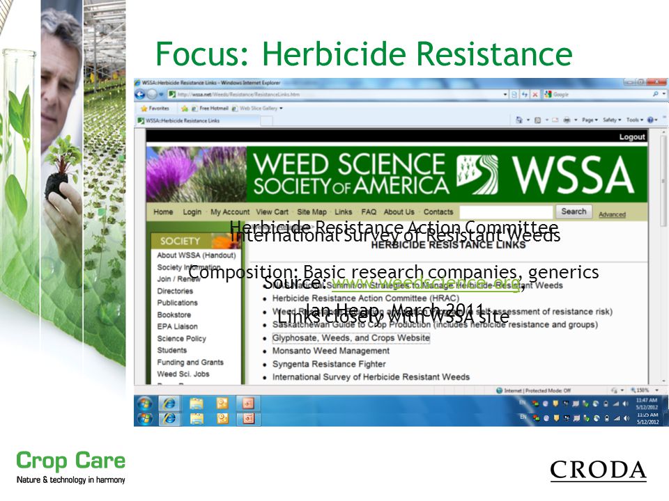 WSSA - Weed Science Society of America Excellent source for statistical data on resistant weeds Significant links to sources, databases, and associated websites Focus: Herbicide Resistance Herbicide Resistance Action Committee Composition: Basic research companies, generics Links closely with WSSA site International Survey of Resistant Weeds Source:   Ian Heap, March 2011
