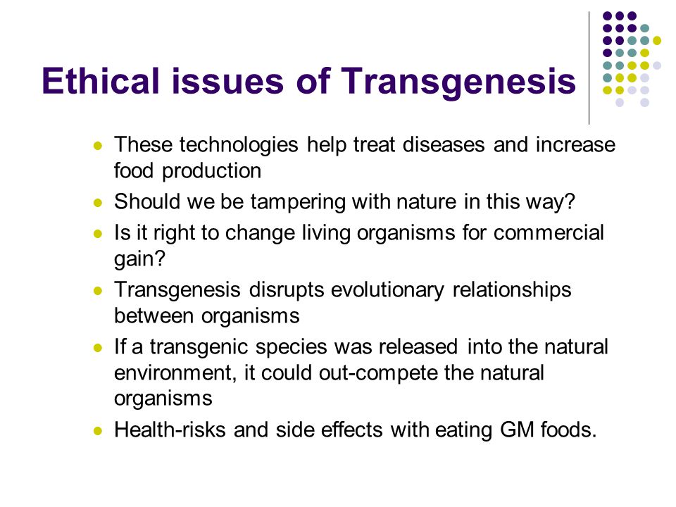 Ethical issues of Transgenesis These technologies help treat diseases and increase food production Should we be tampering with nature in this way.