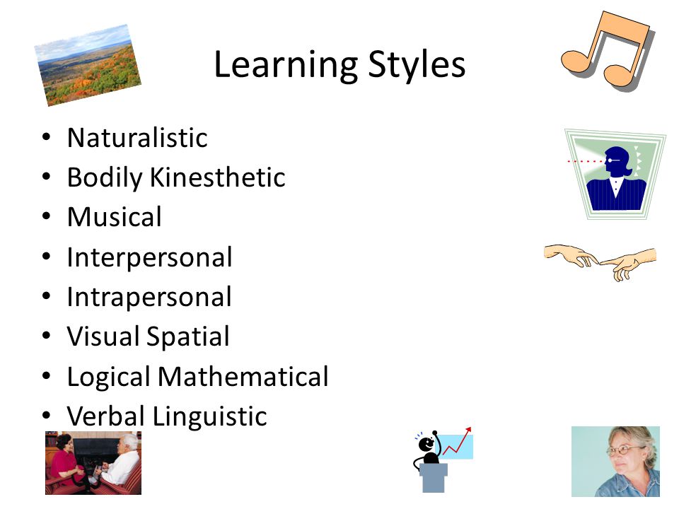 Learning Styles Naturalistic Bodily Kinesthetic Musical Interpersonal Intrapersonal Visual Spatial Logical Mathematical Verbal Linguistic