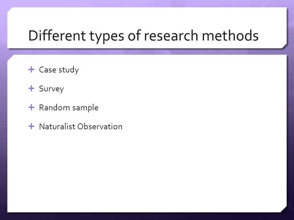 Different types of research methods  Case study  Survey  Random sample  Naturalist Observation