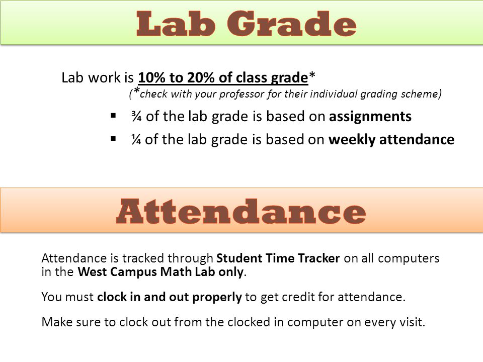 Attendance is tracked through Student Time Tracker on all computers in the West Campus Math Lab only.