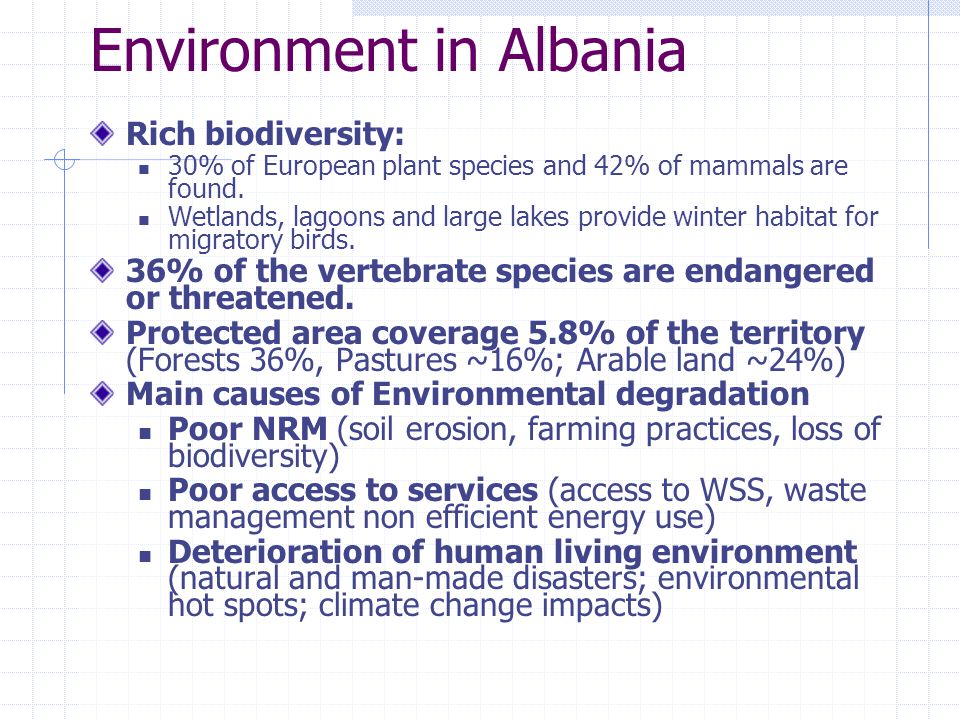 Environment in Albania Rich biodiversity: 30% of European plant species and 42% of mammals are found.