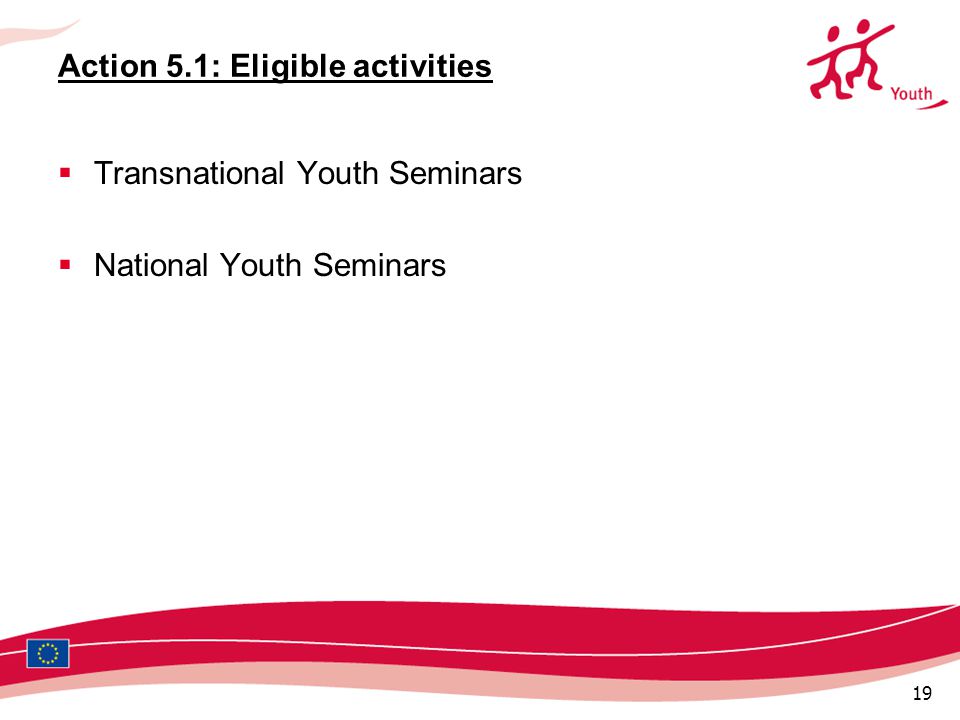 19 Action 5.1: Eligible activities  Transnational Youth Seminars  National Youth Seminars
