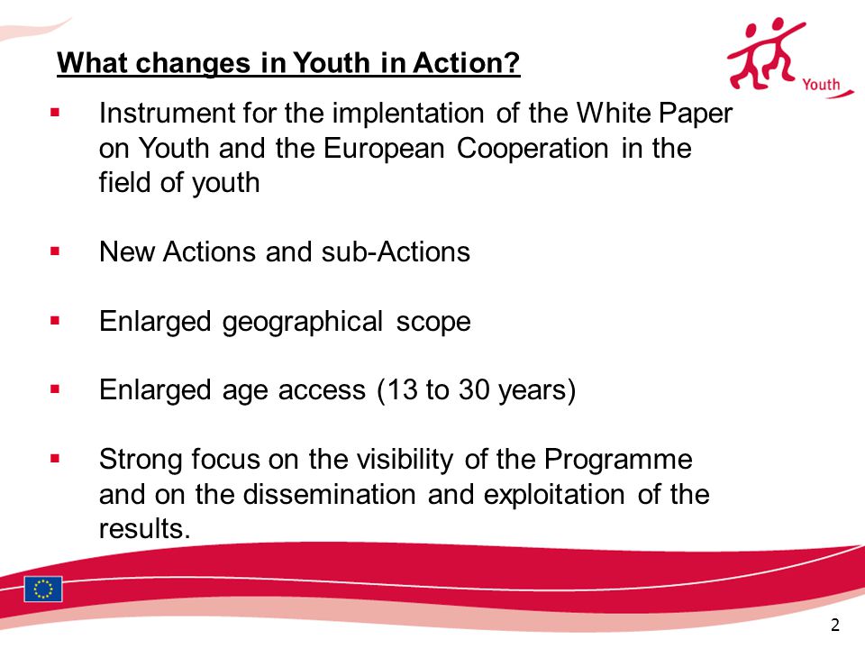 2  Instrument for the implentation of the White Paper on Youth and the European Cooperation in the field of youth  New Actions and sub-Actions  Enlarged geographical scope  Enlarged age access (13 to 30 years)  Strong focus on the visibility of the Programme and on the dissemination and exploitation of the results.