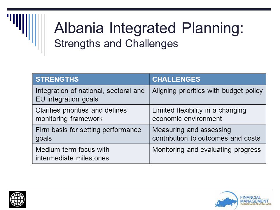 Albania Integrated Planning: Strengths and Challenges STRENGTHSCHALLENGES Integration of national, sectoral and EU integration goals Aligning priorities with budget policy Clarifies priorities and defines monitoring framework Limited flexibility in a changing economic environment Firm basis for setting performance goals Measuring and assessing contribution to outcomes and costs Medium term focus with intermediate milestones Monitoring and evaluating progress
