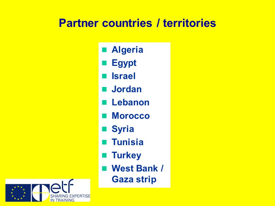 Algeria Egypt Israel Jordan Lebanon Morocco Syria Tunisia Turkey West Bank / Gaza strip Partner countries / territories