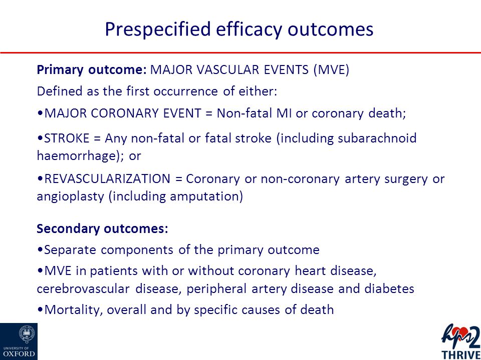 Primary outcome: MAJOR VASCULAR EVENTS (MVE) Defined as the first occurrence of either: MAJOR CORONARY EVENT = Non-fatal MI or coronary death; STROKE = Any non-fatal or fatal stroke (including subarachnoid haemorrhage); or REVASCULARIZATION = Coronary or non-coronary artery surgery or angioplasty (including amputation) Secondary outcomes: Separate components of the primary outcome MVE in patients with or without coronary heart disease, cerebrovascular disease, peripheral artery disease and diabetes Mortality, overall and by specific causes of death Prespecified efficacy outcomes