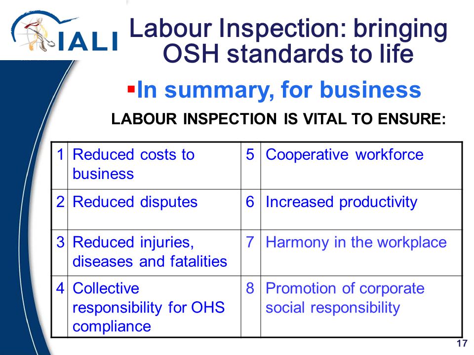 17 Labour Inspection: bringing OSH standards to life LABOUR INSPECTION IS VITAL TO ENSURE:  In summary, for business 1Reduced costs to business 5Cooperative workforce 2Reduced disputes6Increased productivity 3Reduced injuries, diseases and fatalities 7Harmony in the workplace 4Collective responsibility for OHS compliance 8Promotion of corporate social responsibility
