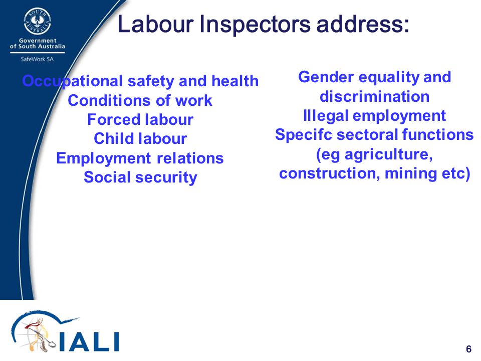 6 Labour Inspectors address: Occupational safety and health Conditions of work Forced labour Child labour Employment relations Social security Gender equality and discrimination Illegal employment Specifc sectoral functions (eg agriculture, construction, mining etc)