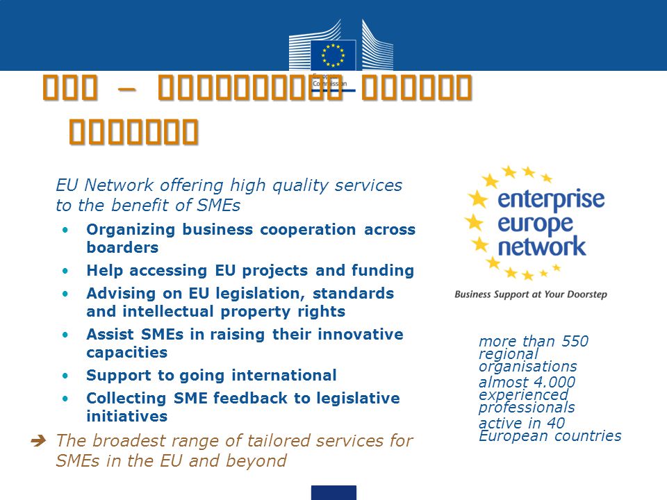 EEN - Enterprise Europe Network EU Network offering high quality services to the benefit of SMEs Organizing business cooperation across boarders Help accessing EU projects and funding Advising on EU legislation, standards and intellectual property rights Assist SMEs in raising their innovative capacities Support to going international Collecting SME feedback to legislative initiatives  The broadest range of tailored services for SMEs in the EU and beyond more than 550 regional organisations almost experienced professionals active in 40 European countries