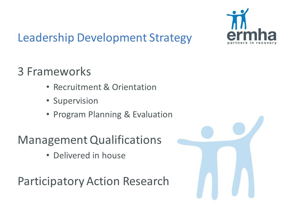 Leadership Development Strategy 3 Frameworks Recruitment & Orientation Supervision Program Planning & Evaluation Management Qualifications Delivered in house Participatory Action Research