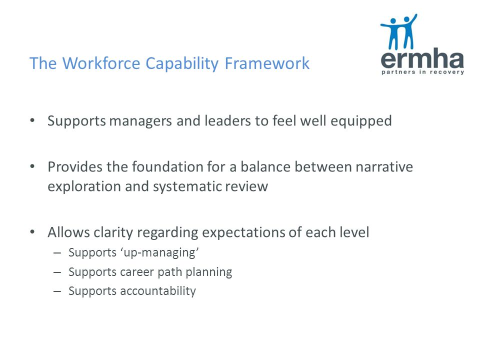The Workforce Capability Framework Supports managers and leaders to feel well equipped Provides the foundation for a balance between narrative exploration and systematic review Allows clarity regarding expectations of each level – Supports ‘up-managing’ – Supports career path planning – Supports accountability