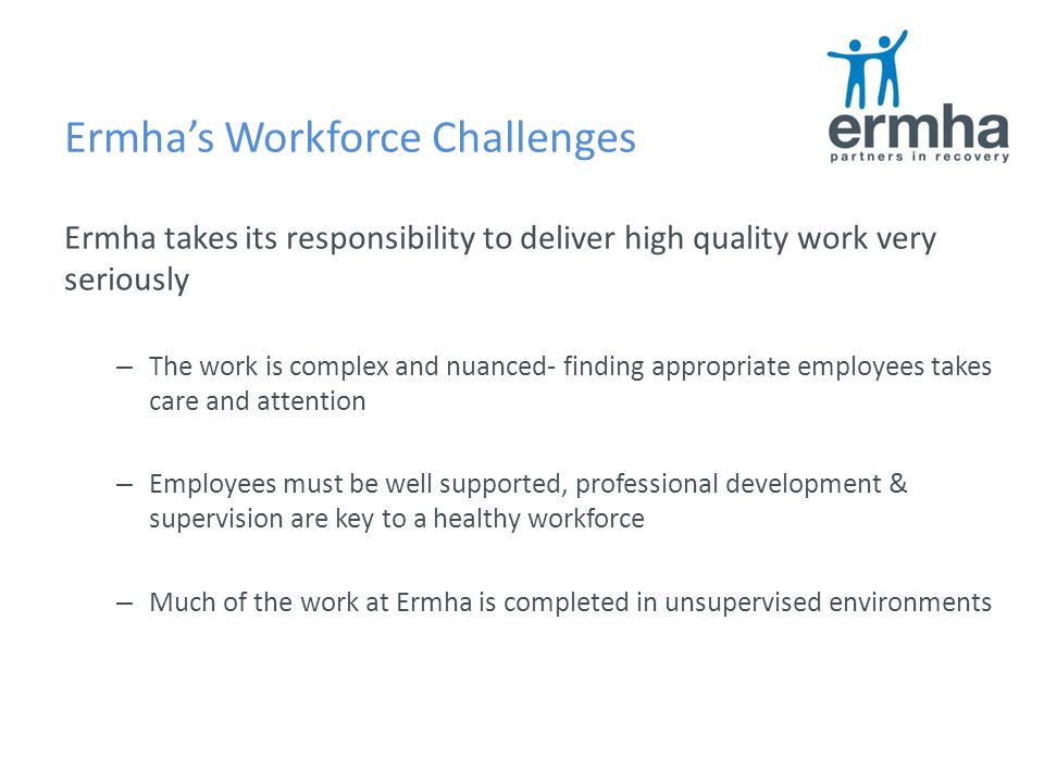 Ermha’s Workforce Challenges Ermha takes its responsibility to deliver high quality work very seriously – The work is complex and nuanced- finding appropriate employees takes care and attention – Employees must be well supported, professional development & supervision are key to a healthy workforce – Much of the work at Ermha is completed in unsupervised environments