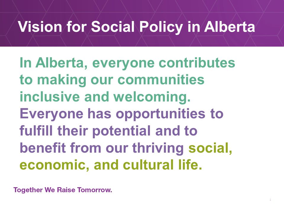 Vision for Social Policy in Alberta In Alberta, everyone contributes to making our communities inclusive and welcoming.