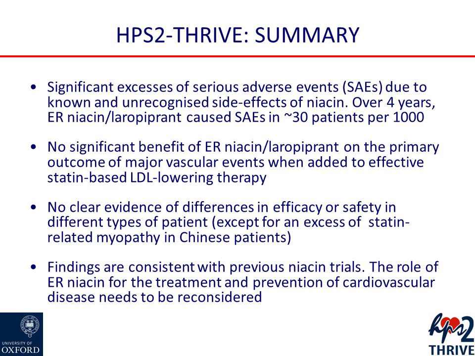 HPS2-THRIVE: SUMMARY Significant excesses of serious adverse events (SAEs) due to known and unrecognised side-effects of niacin.