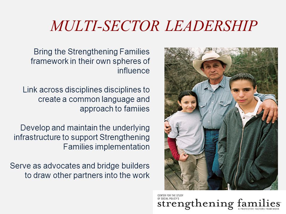 MULTI-SECTOR LEADERSHIP Bring the Strengthening Families framework in their own spheres of influence Link across disciplines disciplines to create a common language and approach to famiies Develop and maintain the underlying infrastructure to support Strengthening Families implementation Serve as advocates and bridge builders to draw other partners into the work