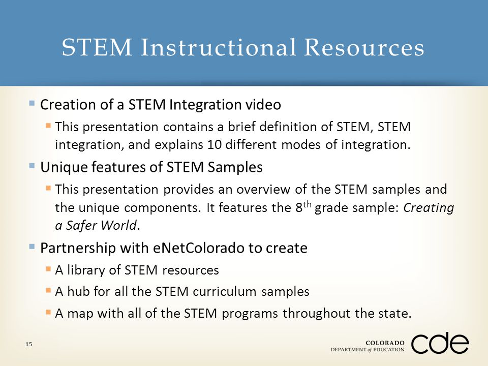 Creation of a STEM Integration video  This presentation contains a brief definition of STEM, STEM integration, and explains 10 different modes of integration.