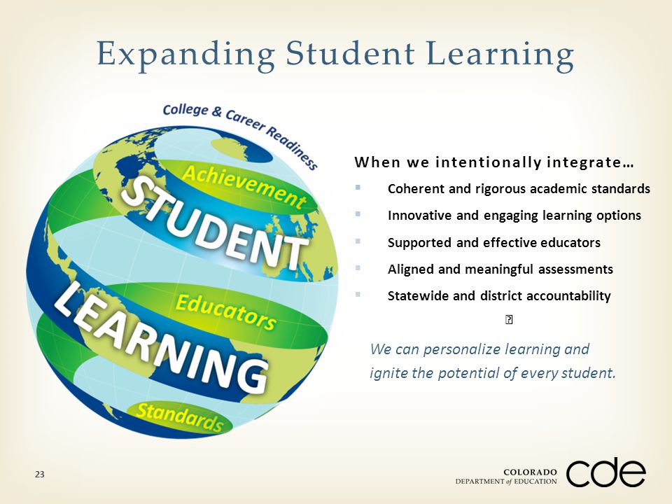 When we intentionally integrate…  Coherent and rigorous academic standards  Innovative and engaging learning options  Supported and effective educators  Aligned and meaningful assessments  Statewide and district accountability Expanding Student Learning We can personalize learning and ignite the potential of every student.