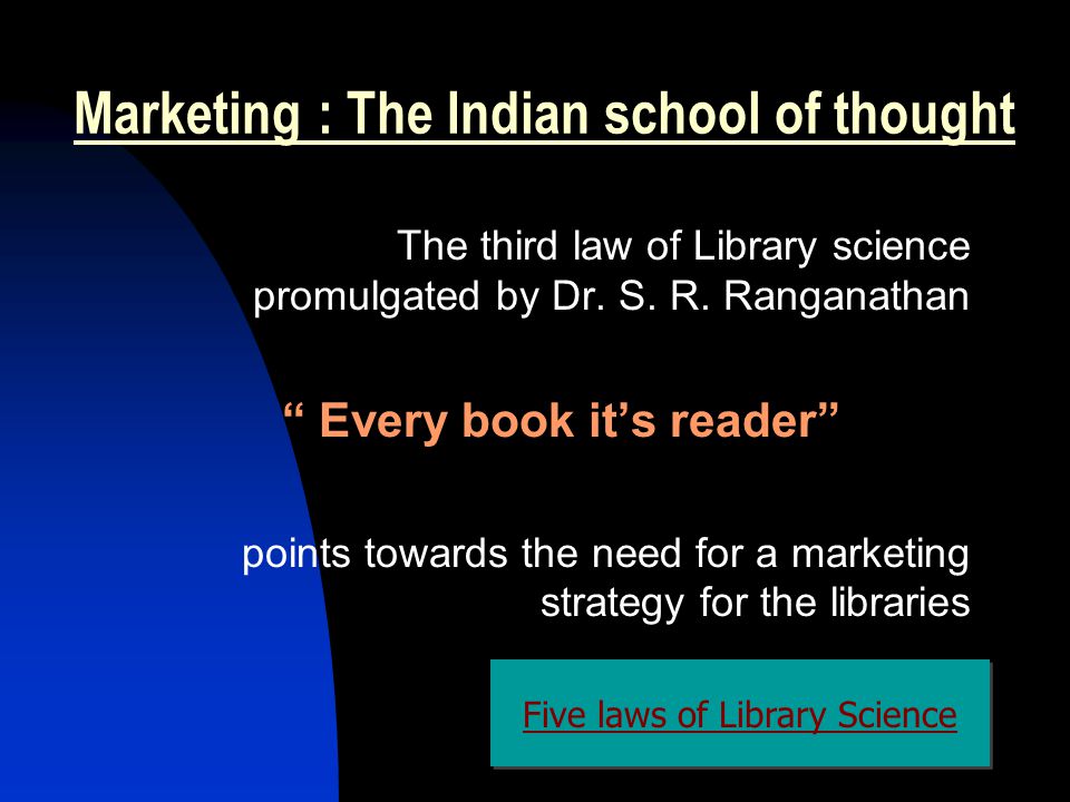 Marketing : The Indian school of thought The third law of Library science promulgated by Dr.