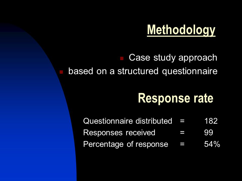 Methodology Case study approach based on a structured questionnaire Response rate Questionnaire distributed = 182 Responses received = 99 Percentage of response = 54%