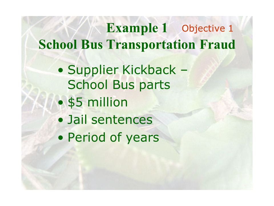 Slide 6 Joint meeting of the RDU IIA and ISACA chapters November 11, 2008, Capitol Club, Raleigh, NC Example 1 School Bus Transportation Fraud Supplier Kickback – School Bus parts $5 million Jail sentences Period of years Objective 1