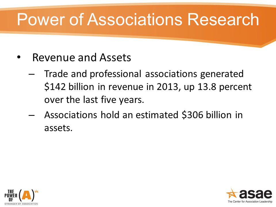 Power of Associations Research Revenue and Assets – Trade and professional associations generated $142 billion in revenue in 2013, up 13.8 percent over the last five years.