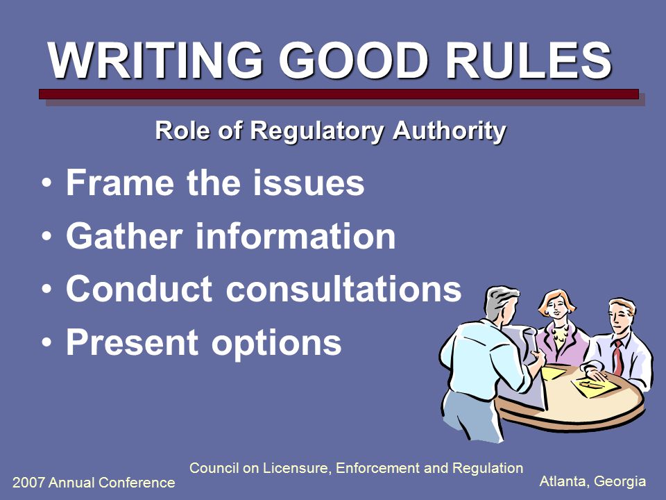 Atlanta, Georgia 2007 Annual Conference Council on Licensure, Enforcement and Regulation WRITING GOOD RULES Role of Regulatory Authority Frame the issues Gather information Conduct consultations Present options