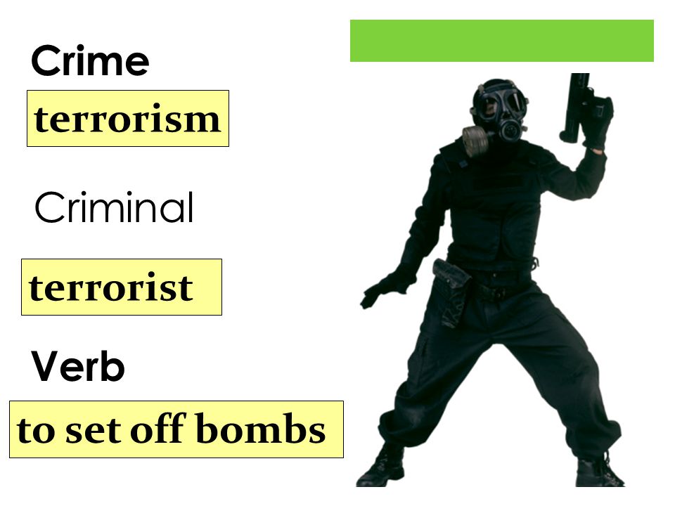 Crime Verb terrorism terrorist to set off bombs Criminal