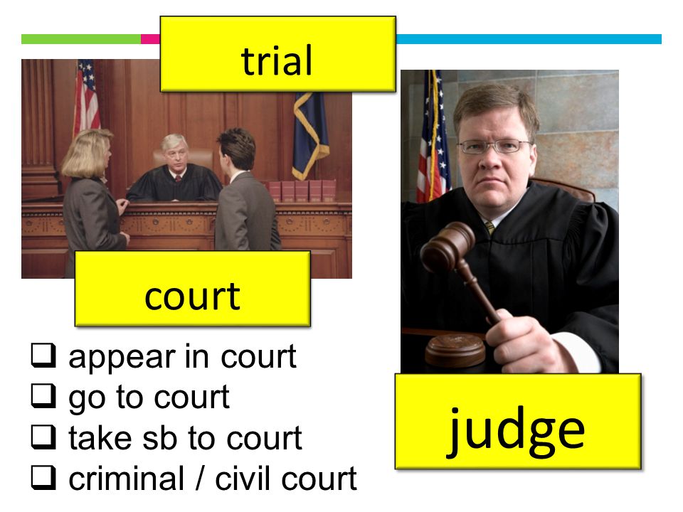 court judge  appear in court  go to court  take sb to court  criminal / civil court trial