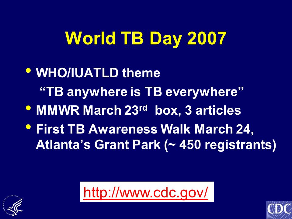 World TB Day 2007 WHO/IUATLD theme TB anywhere is TB everywhere MMWR March 23 rd box, 3 articles First TB Awareness Walk March 24, Atlanta’s Grant Park (~ 450 registrants)
