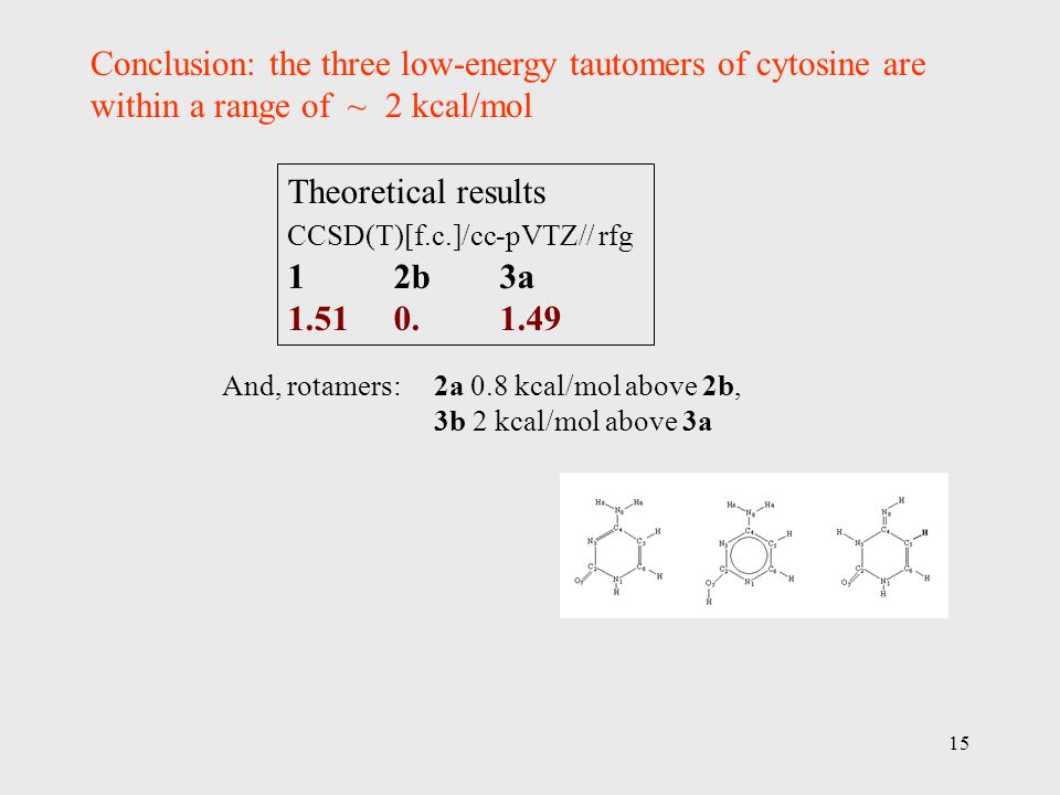 15 Theoretical results CCSD(T)[f.c.]/cc-pVTZ// rfg 12b3a Conclusion: the three low-energy tautomers of cytosine are within a range of ~ 2 kcal/mol And, rotamers: 2a 0.8 kcal/mol above 2b, 3b 2 kcal/mol above 3a