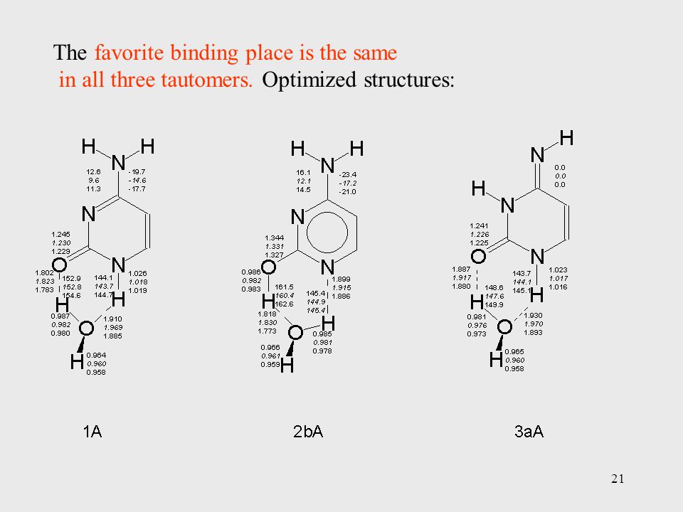 21 The favorite binding place is the same in all three tautomers. Optimized structures: