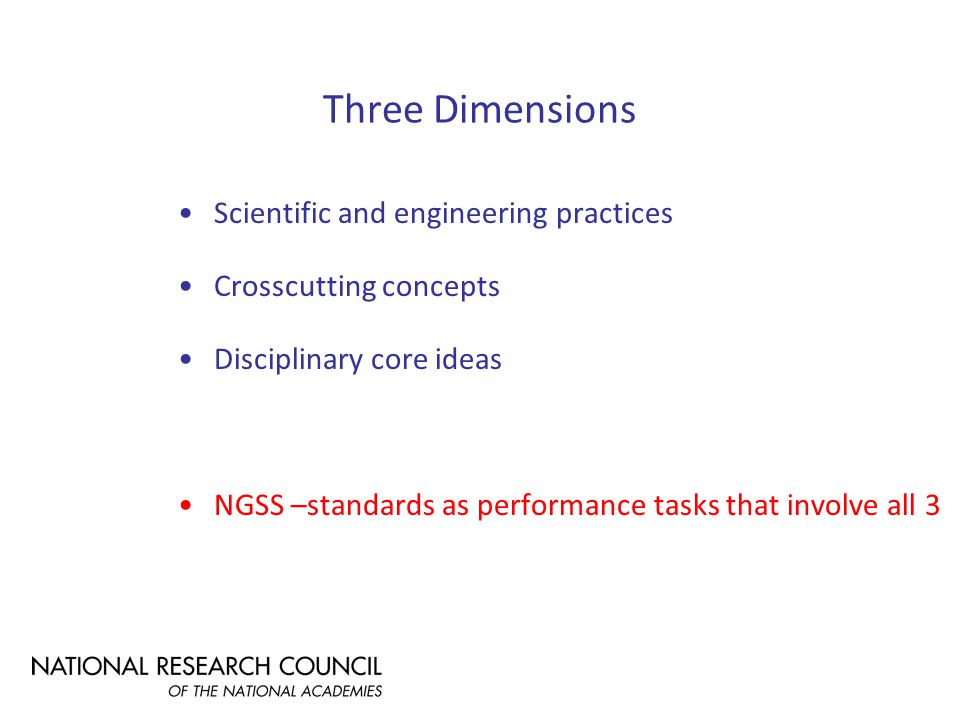 Three Dimensions Scientific and engineering practices Crosscutting concepts Disciplinary core ideas NGSS –standards as performance tasks that involve all 3