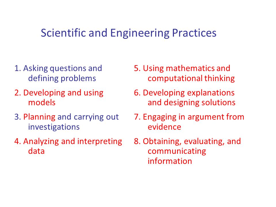 Scientific and Engineering Practices 1. Asking questions and defining problems 2.