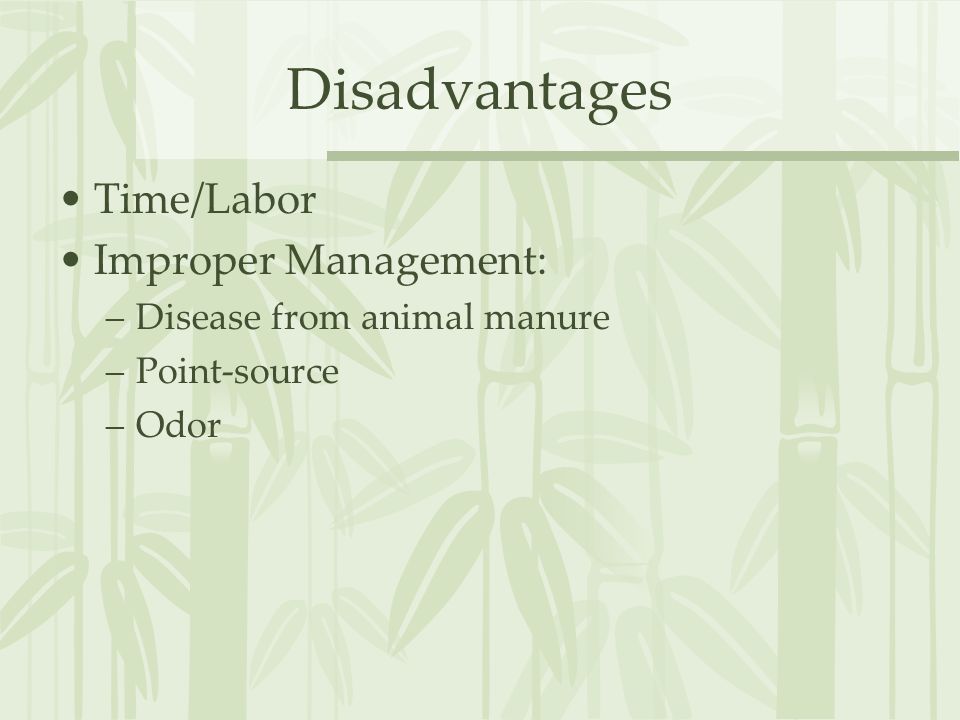 Disadvantages Time/Labor Improper Management: –Disease from animal manure –Point-source –Odor