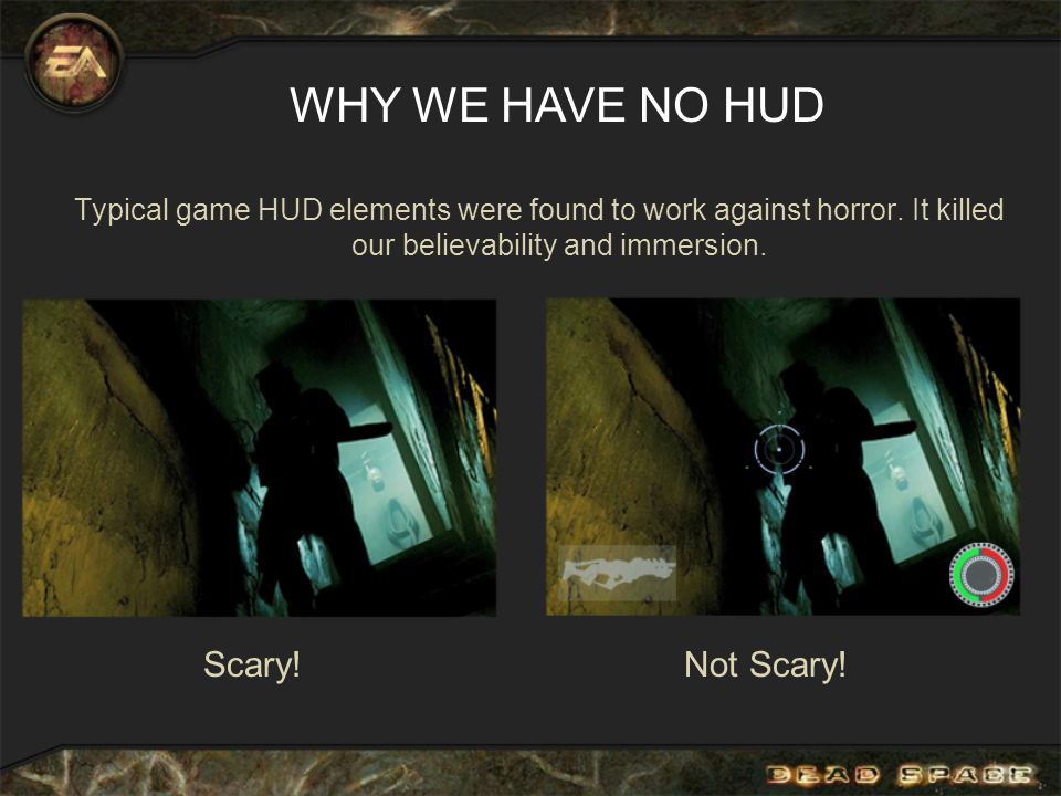Typical game HUD elements were found to work against horror.