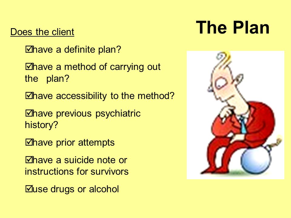 The Plan Does the client  have a definite plan.  have a method of carrying out the plan.