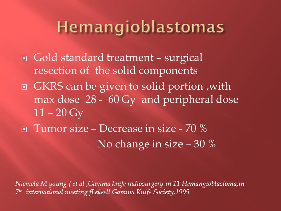  Gold standard treatment – surgical resection of the solid components  GKRS can be given to solid portion,with max dose Gy and peripheral dose 11 – 20 Gy  Tumor size – Decrease in size - 70 % No change in size – 30 % Niemela M young J et al,Gamma knife radiosurgery in 11 Hemangioblastoma,in 7 th international meeting fLeksell Gamma Knife Society,1995