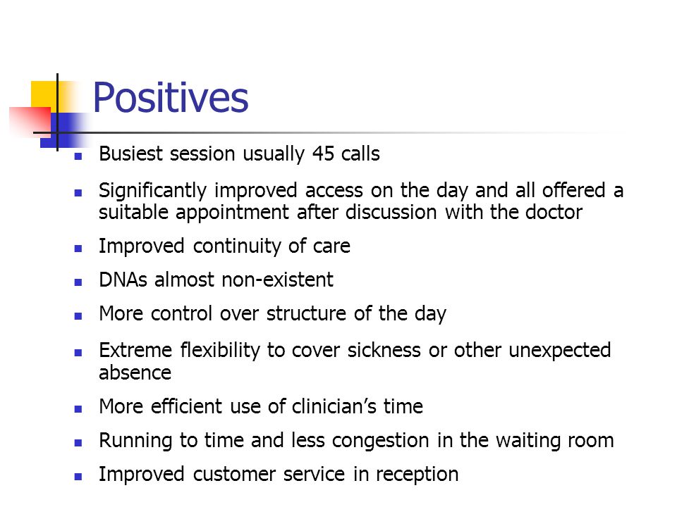 Positives Busiest session usually 45 calls Significantly improved access on the day and all offered a suitable appointment after discussion with the doctor Improved continuity of care DNAs almost non-existent More control over structure of the day Extreme flexibility to cover sickness or other unexpected absence More efficient use of clinician’s time Running to time and less congestion in the waiting room Improved customer service in reception