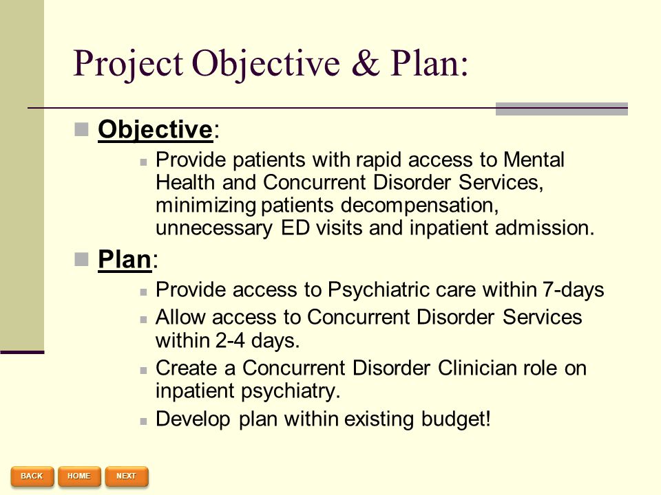 Project Objective & Plan: Objective: Provide patients with rapid access to Mental Health and Concurrent Disorder Services, minimizing patients decompensation, unnecessary ED visits and inpatient admission.