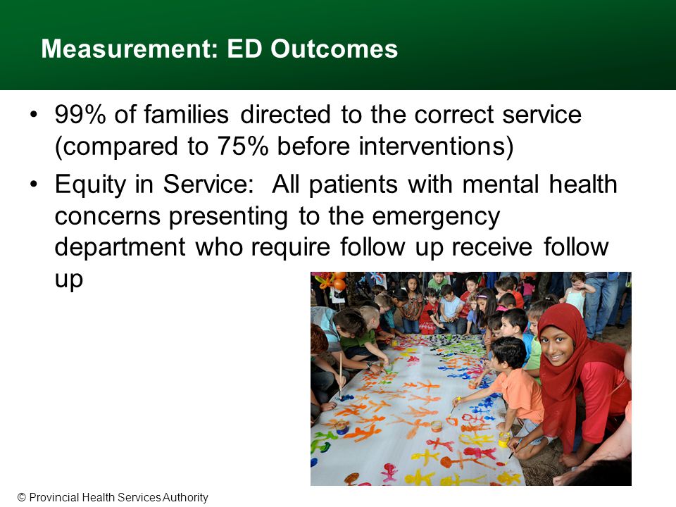 © Provincial Health Services Authority Measurement: ED Outcomes 99% of families directed to the correct service (compared to 75% before interventions) Equity in Service: All patients with mental health concerns presenting to the emergency department who require follow up receive follow up