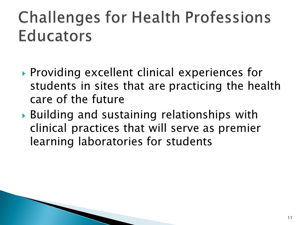  Providing excellent clinical experiences for students in sites that are practicing the health care of the future  Building and sustaining relationships with clinical practices that will serve as premier learning laboratories for students 11