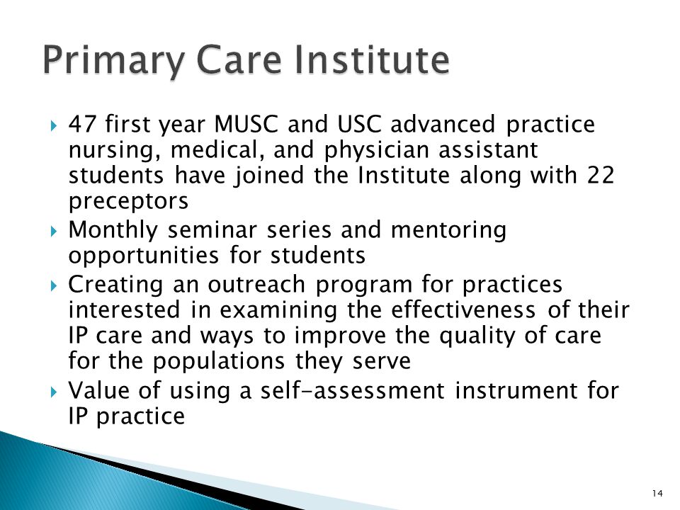  47 first year MUSC and USC advanced practice nursing, medical, and physician assistant students have joined the Institute along with 22 preceptors  Monthly seminar series and mentoring opportunities for students  Creating an outreach program for practices interested in examining the effectiveness of their IP care and ways to improve the quality of care for the populations they serve  Value of using a self-assessment instrument for IP practice 14