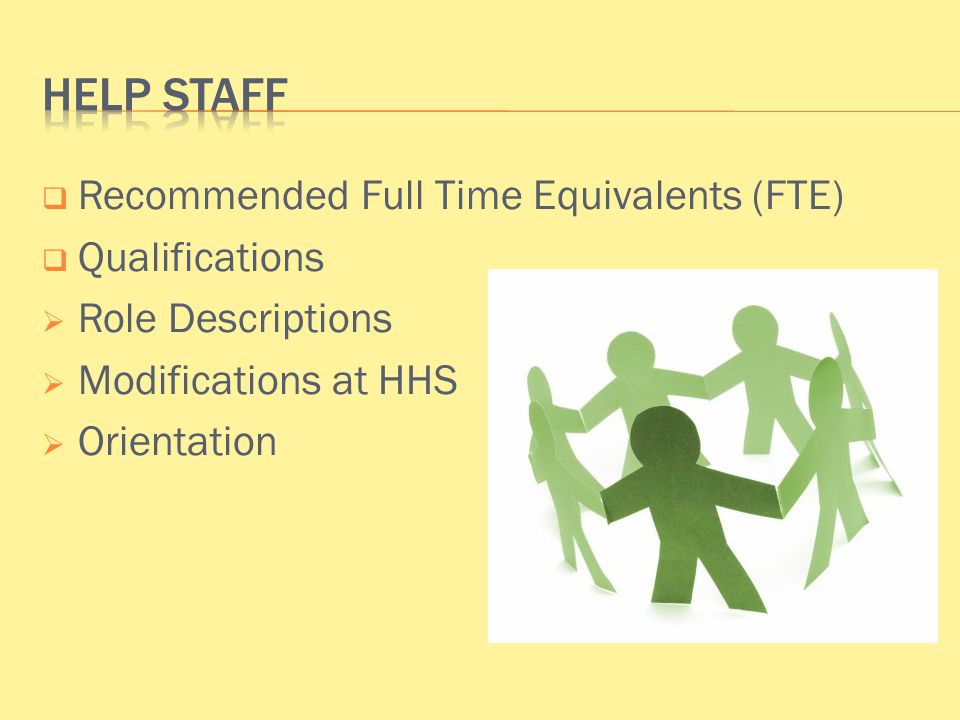  Recommended Full Time Equivalents (FTE)  Qualifications  Role Descriptions  Modifications at HHS  Orientation
