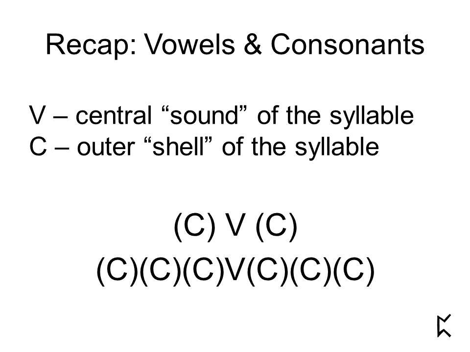 Recap: Vowels & Consonants V – central sound of the syllable C – outer shell of the syllable (C) V (C) (C)(C)(C)V(C)(C)(C)