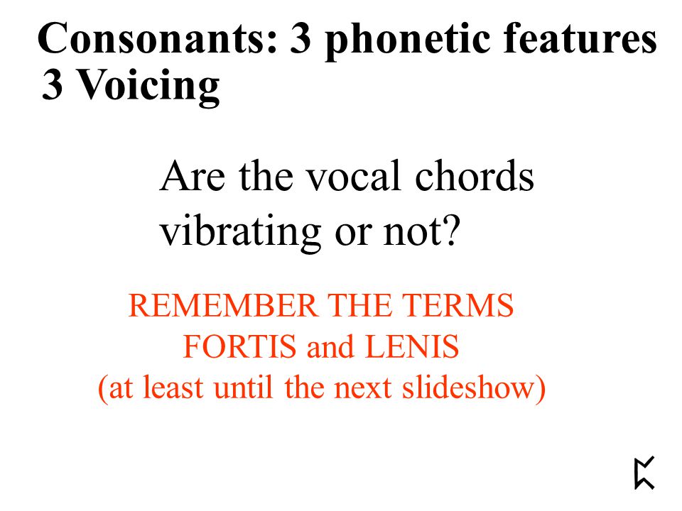 3 Voicing Consonants: 3 phonetic features Are the vocal chords vibrating or not.