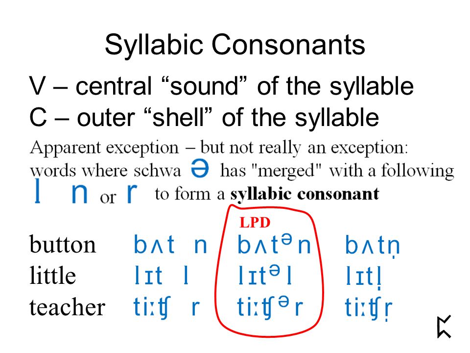 Syllabic Consonants V – central sound of the syllable C – outer shell of the syllable button little teacher LPD