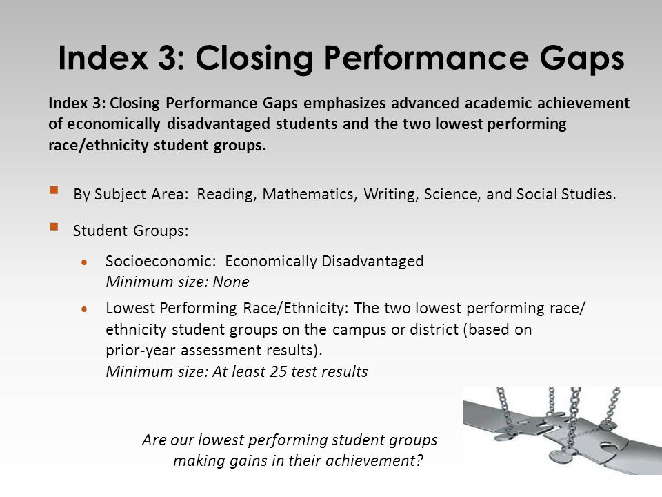 Index 3: Closing Performance Gaps 12 Index 3: Closing Performance Gaps emphasizes advanced academic achievement of economically disadvantaged students and the two lowest performing race/ethnicity student groups.